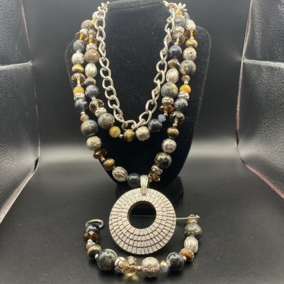 Premier Designs Necklace Bracelet Set Top Notch Pendant Reversible Gold Silver - Picture 4 of 16